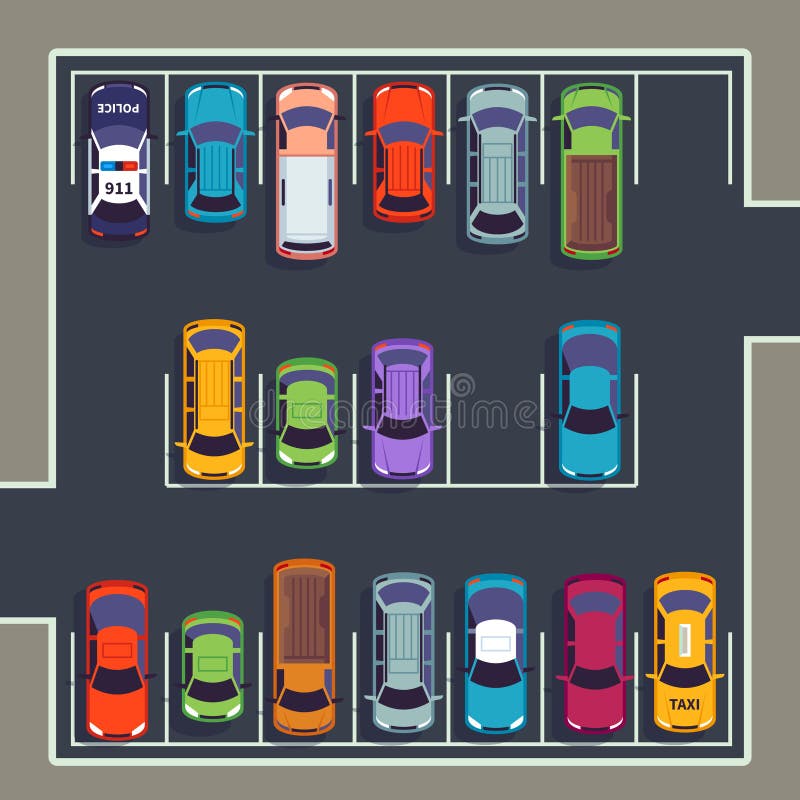 Parking top view. Many cars on parking zone, different vehicles in parked lot from above. Auto vector infographic illustration. Parking top view. Many cars on parking zone, different vehicles in parked lot from above. Auto vector infographic illustration