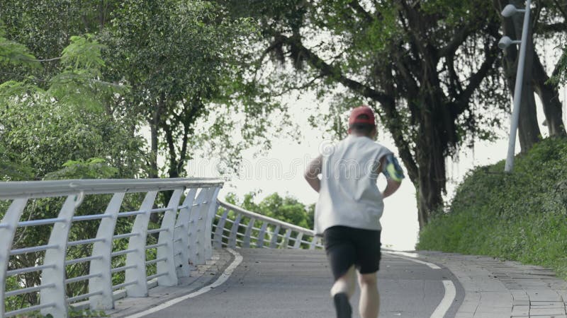 Visión trasera de gente asiática corriendo sendero en parque almacen de video