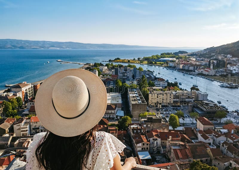 Visión trasera de la mujer parada en un mirador sobre la ciudad costera de omiscarón en croacia durante las vacaciones de verano imagen de archivo libre de regalías