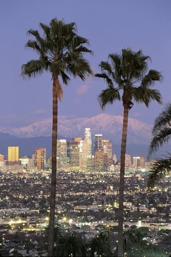 This is the Los Angeles skyline with two palm trees in the winter. Snowy Mount Baldy is in the background. It is the view from Baldwin Hills at dusk. This is the Los Angeles skyline with two palm trees in the winter. Snowy Mount Baldy is in the background. It is the view from Baldwin Hills at dusk.