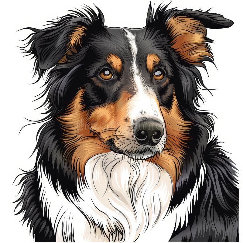 Viso di cane tricolore nero su cartone animato bianco ritratto in stile sketch. pastore scozzese illustrazione vettoriale