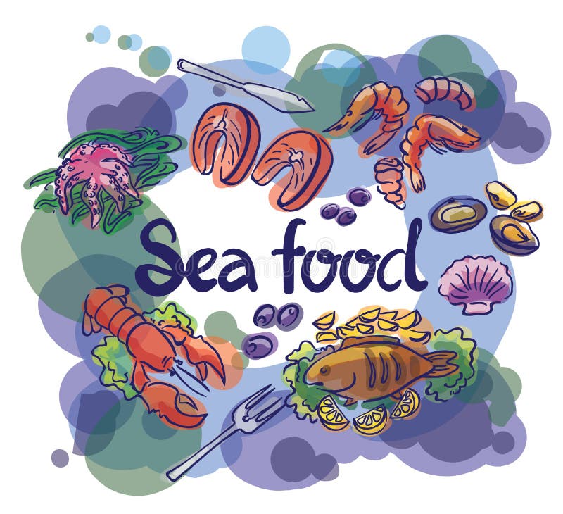 Vissen en zeevruchten het vastgestelde van letters voorzien vector illustratie Vissen en zeevruchten het vastgestelde van letters voorzien vector illustratie