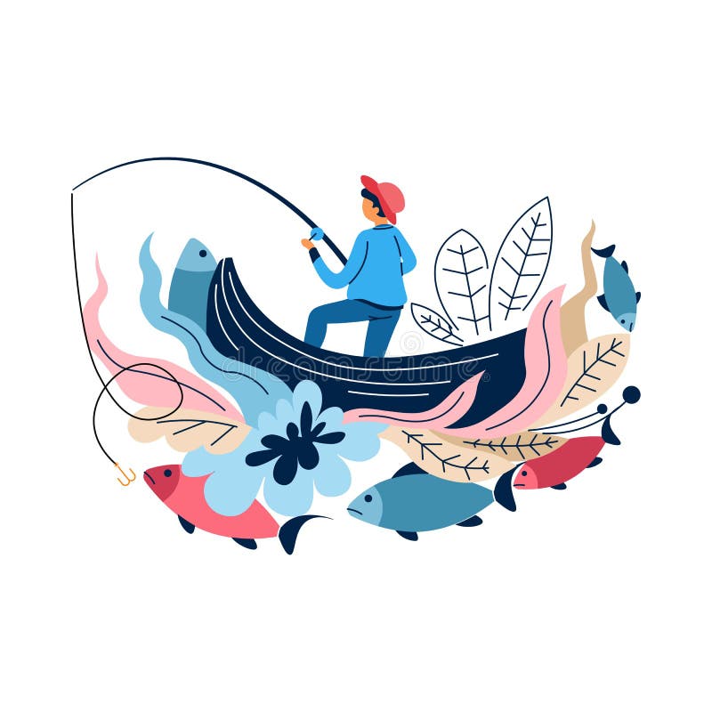 Vissende sportvisser in boot met staaf die vissen vangen stock illustratie Vissende sportvisser in boot met staaf die vissen vangen stock illustratie