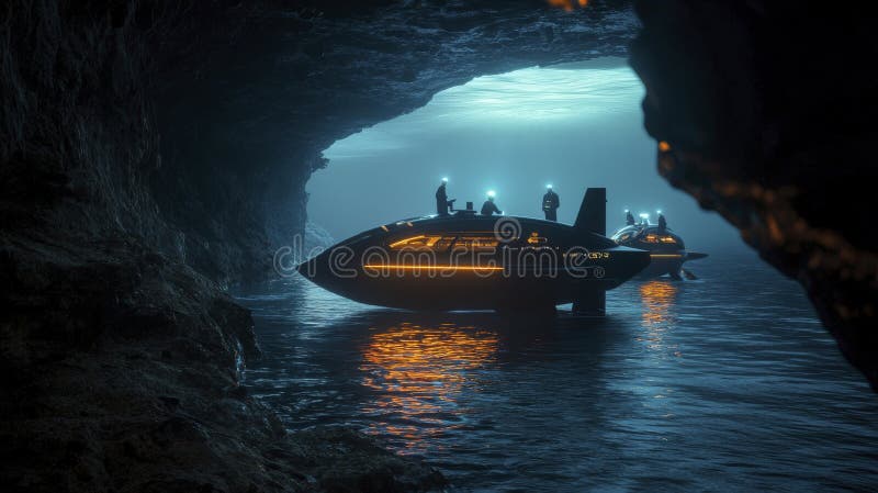 Vista aerea dei ricercatori futuristici nei sommergibili che esplorano misteriosi ambienti subacquei delle grotte illustrazione vettoriale