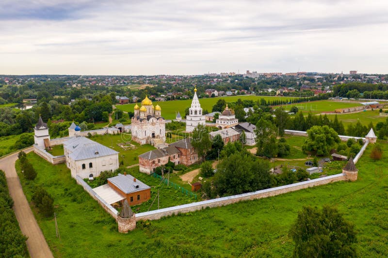 Aerial drone view of Nativity of the Theotokos and St.Therapont Luzhetsky Monastery, Mozhaysk. Aerial drone view of Nativity of the Theotokos and St.Therapont Luzhetsky Monastery, Mozhaysk