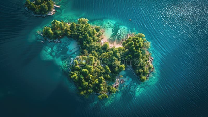 A breathtaking aerial view of a cluster of small islands surrounded by crystal clear water in the center of a serene lake, showcasing the beauty of natural landscape and marine biology AI generated. A breathtaking aerial view of a cluster of small islands surrounded by crystal clear water in the center of a serene lake, showcasing the beauty of natural landscape and marine biology AI generated