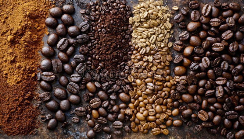 Vista aerea di diverse varietà di caffè disposte su un ricco sfondo tematico di caffè illustrazione di stock