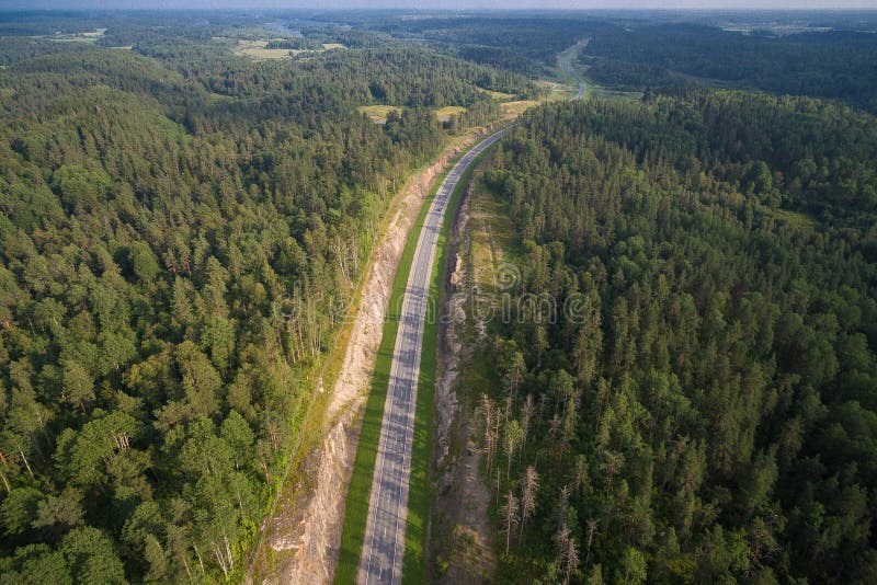 Vista aerea di guida di veicoli su una strada nel legno immagini stock libere da diritti Vista aerea di guida di veicoli su una strada nel legno immagini stock libere da diritti
