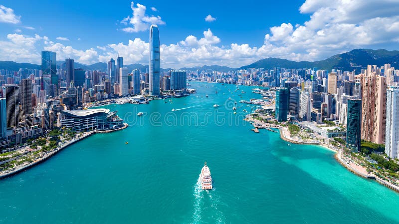 Vista aerea di Hong kong skyline con traghetto illustrazione vettoriale