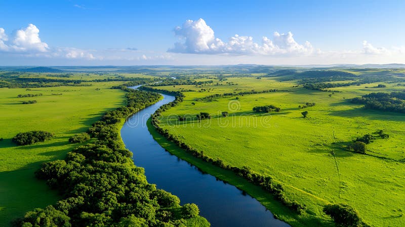 Vista aerea di un fiume serpeggiante attraverso prati rigogliosi royalty illustrazione gratis