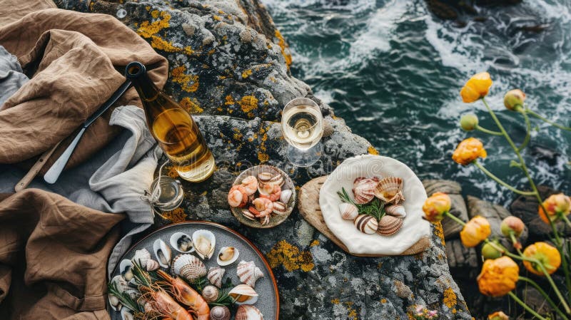 Aerial view of a picnic on a rocky cliff by the ocean, surrounded by water, plants, rocks, and natural materials creating a beautiful pattern resembling an underwater art piece AIG50 AI generated. Aerial view of a picnic on a rocky cliff by the ocean, surrounded by water, plants, rocks, and natural materials creating a beautiful pattern resembling an underwater art piece AIG50 AI generated