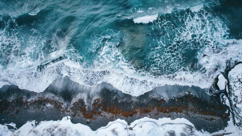 An aerial perspective of a frozen snowy cliff meeting the azure waters of the ocean, showcasing the beauty of this natural geological phenomenon AIG50 AI generated. An aerial perspective of a frozen snowy cliff meeting the azure waters of the ocean, showcasing the beauty of this natural geological phenomenon AIG50 AI generated