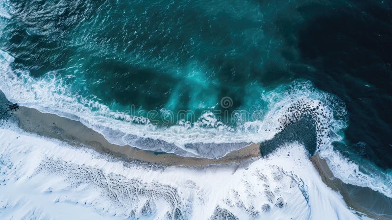 An aerial perspective of a frozen snowy cliff meeting the azure waters of the ocean, showcasing the beauty of this natural geological phenomenon AIG50 AI generated. An aerial perspective of a frozen snowy cliff meeting the azure waters of the ocean, showcasing the beauty of this natural geological phenomenon AIG50 AI generated