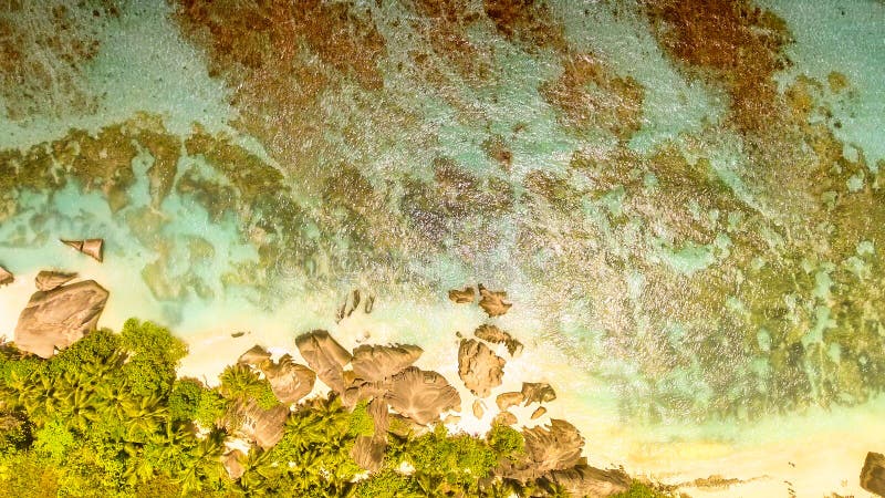 Overhead aerial view of Anse Source Argent Beach in La Digue, Seychelle Islands - Africa. Overhead aerial view of Anse Source Argent Beach in La Digue, Seychelle Islands - Africa