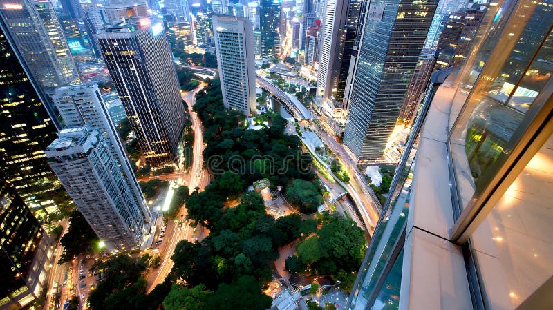 Vista aerea aerea notturna skyline del parco cittadino di Hong kong royalty illustrazione gratis