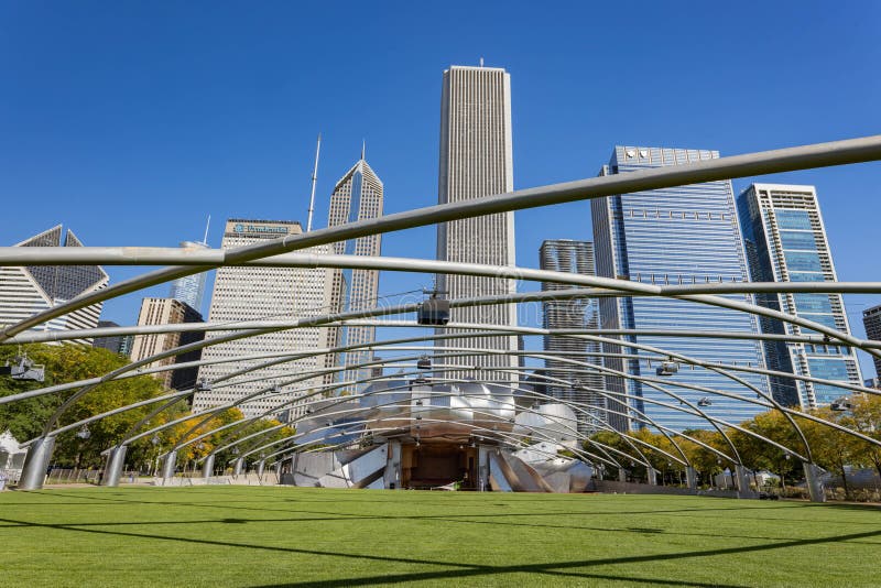 Chicago, OCT 3 2023 - Sunny view of the Jay Pritzker Pavilion at Millennium Park. Chicago, OCT 3 2023 - Sunny view of the Jay Pritzker Pavilion at Millennium Park