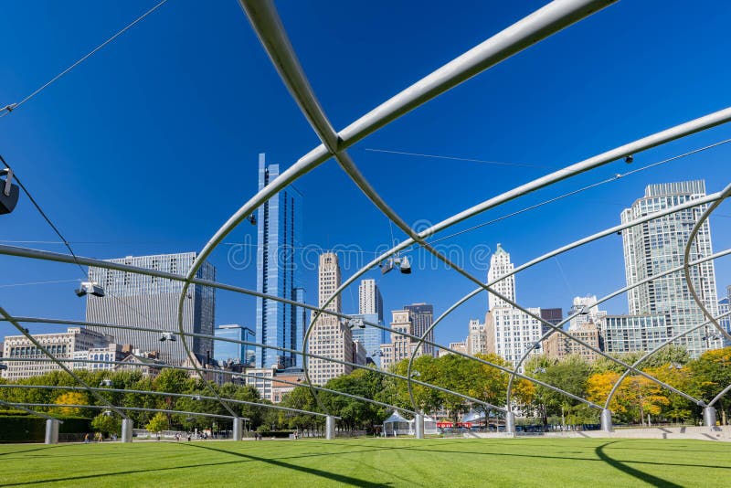 Chicago, OCT 3 2023 - Sunny view of the Jay Pritzker Pavilion at Millennium Park. Chicago, OCT 3 2023 - Sunny view of the Jay Pritzker Pavilion at Millennium Park