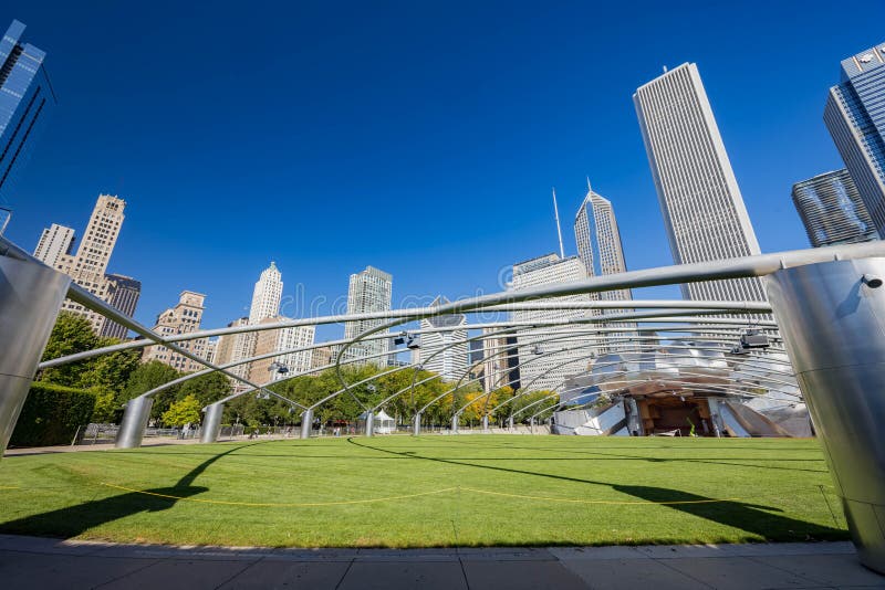 Chicago, OCT 3 2023 - Sunny view of the Jay Pritzker Pavilion at Millennium Park. Chicago, OCT 3 2023 - Sunny view of the Jay Pritzker Pavilion at Millennium Park