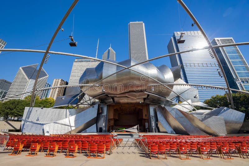 Chicago, OCT 3 2023 - Sunny view of the Jay Pritzker Pavilion at Millennium Park. Chicago, OCT 3 2023 - Sunny view of the Jay Pritzker Pavilion at Millennium Park