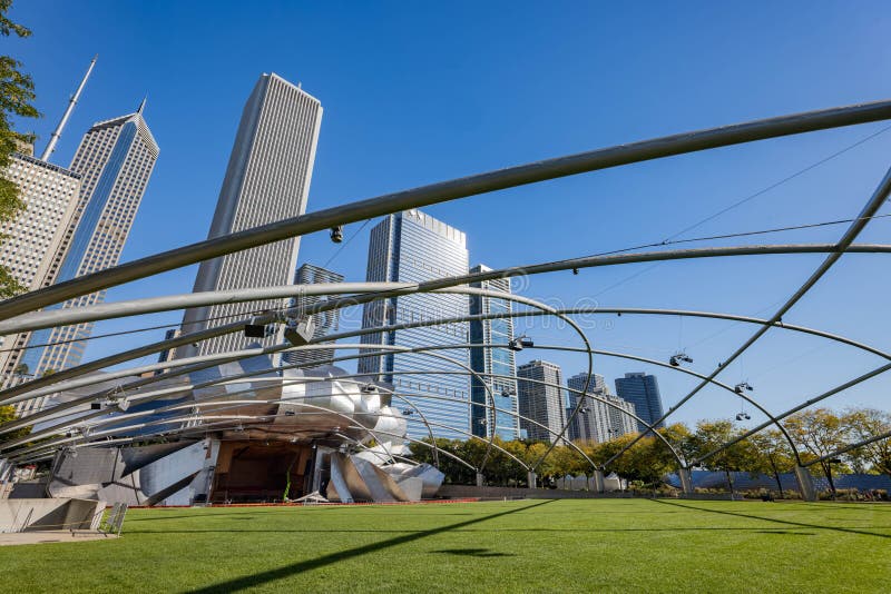 Chicago, OCT 3 2023 - Sunny view of the Jay Pritzker Pavilion at Millennium Park. Chicago, OCT 3 2023 - Sunny view of the Jay Pritzker Pavilion at Millennium Park