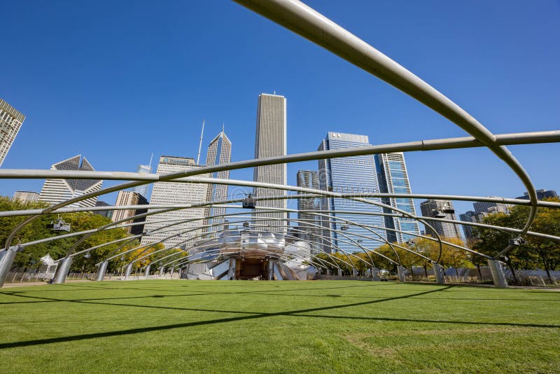 Chicago, OCT 3 2023 - Sunny view of the Jay Pritzker Pavilion at Millennium Park. Chicago, OCT 3 2023 - Sunny view of the Jay Pritzker Pavilion at Millennium Park