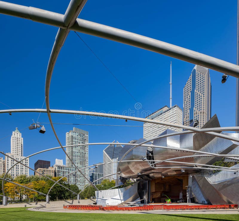 Chicago, OCT 3 2023 - Sunny view of the Jay Pritzker Pavilion at Millennium Park. Chicago, OCT 3 2023 - Sunny view of the Jay Pritzker Pavilion at Millennium Park