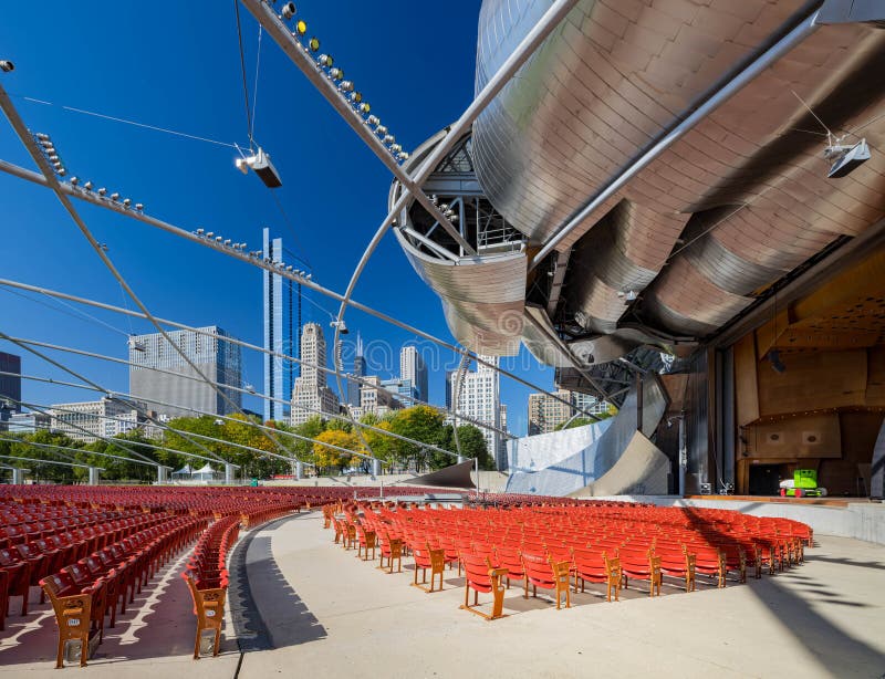 Chicago, OCT 3 2023 - Sunny view of the Jay Pritzker Pavilion at Millennium Park. Chicago, OCT 3 2023 - Sunny view of the Jay Pritzker Pavilion at Millennium Park