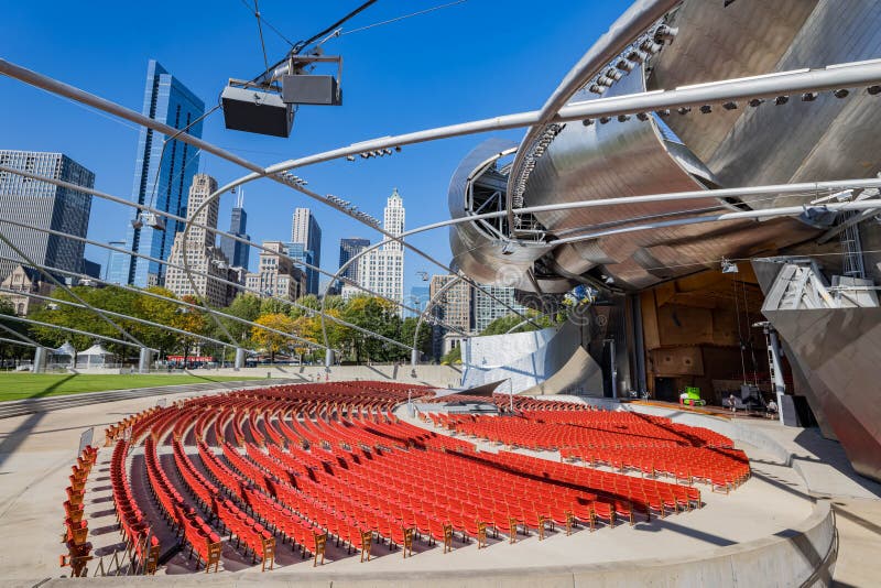 Chicago, OCT 3 2023 - Sunny view of the Jay Pritzker Pavilion at Millennium Park. Chicago, OCT 3 2023 - Sunny view of the Jay Pritzker Pavilion at Millennium Park