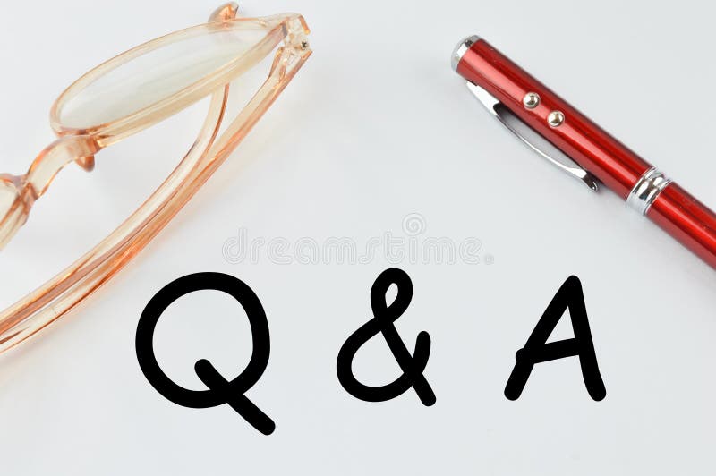 Top view of pen and eyeglasses over white background written with Q&A. Top view of pen and eyeglasses over white background written with Q&A.