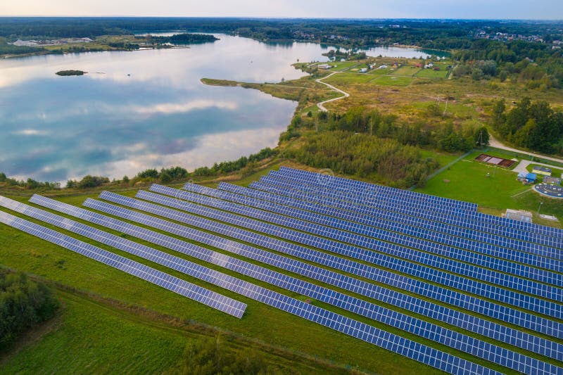 Aerial view of solar farm. Green renewable energy from sun. Aerial view of solar farm. Green renewable energy from sun