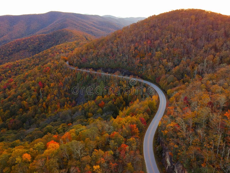 Vista aérea de drones de queda colorida/folhagem de folhas de outono perto de Asheville, Carolina do Norte Vermelho vibrante, ama
