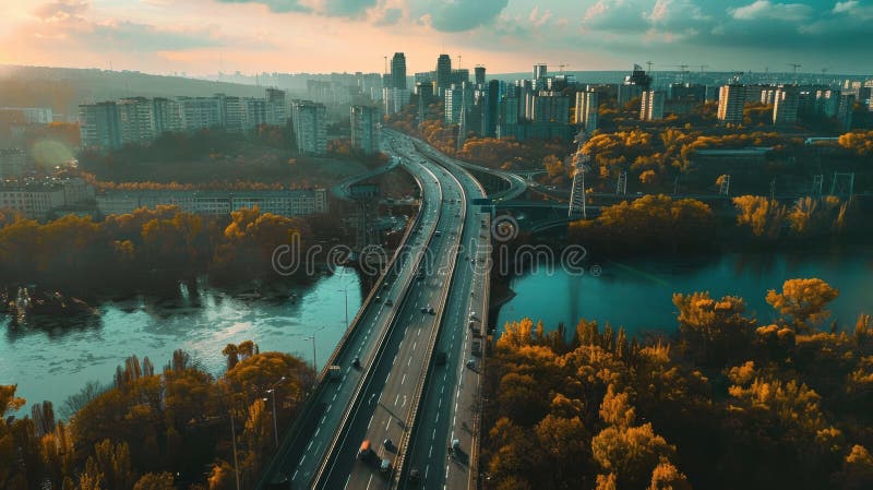 Vista aérea de Kiev com arquitetura moderna, rio e pontes foto de stock royalty free