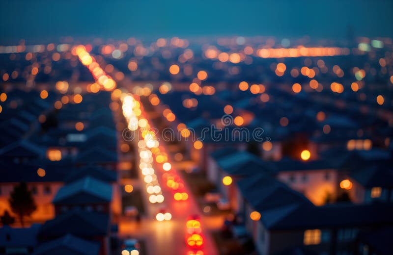 Vista aérea de la ciudad nocturna. casas iluminadas caminos coches. efecto en miniatura del cambio de inclinación. luces de bokeh libre illustration