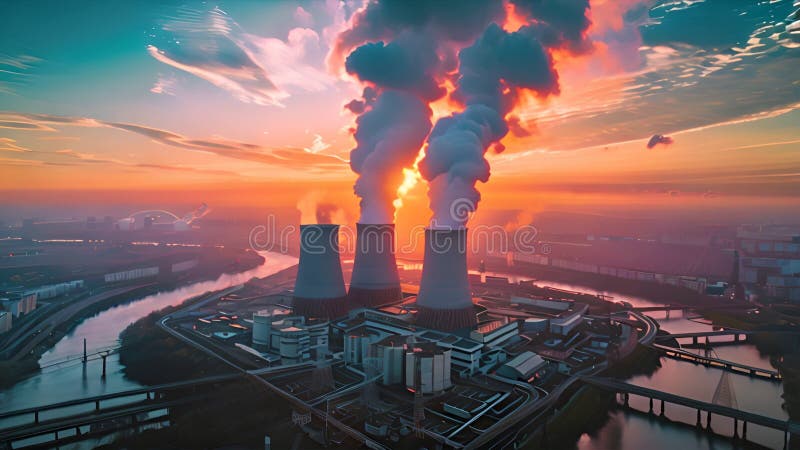 Vista aérea de la planta de energía nuclear con paisaje de ocaso