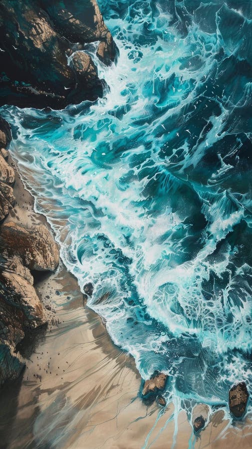 Vista aérea de las olas turquesas del océano estrellándose en la playa. ai generada