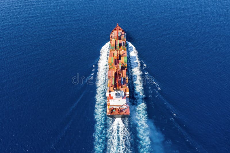 Vista aérea de um navio de recipiente no movimento sobre o oceano aberto fotografia de stock royalty free Vista aérea de um navio de recipiente no movimento sobre o oceano aberto fotografia de stock royalty free