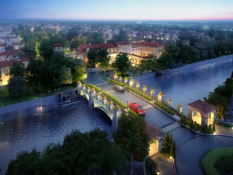 Vista aérea de uma bela aldeia com uma ponte imagem de stock royalty free