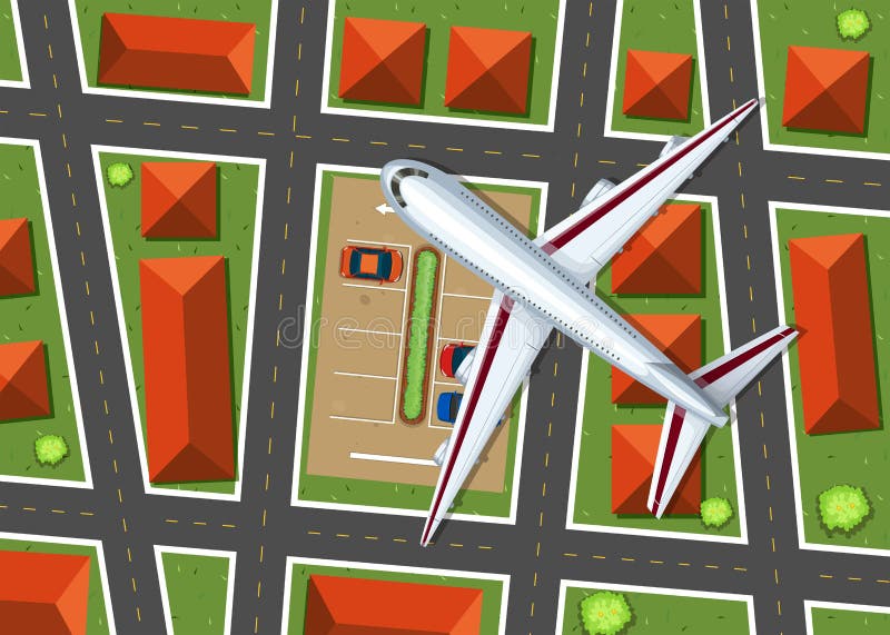 Vista aérea del aeroplano que vuela sobre vecindad libre illustration Vista aérea del aeroplano que vuela sobre vecindad libre illustration