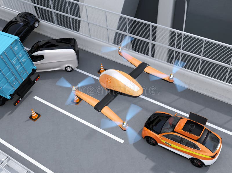 Vista aérea del vuelo del abejón del rescate del rescate eléctrico SUV al accidente de tráfico de registración en la carretera stock de ilustración