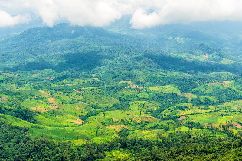 Vista aérea del área agrícola en paisaje del valle de la montaña en selva tropical foto de archivo libre de regalías Vista aérea del área agrícola en paisaje del valle de la montaña en selva tropical foto de archivo libre de regalías