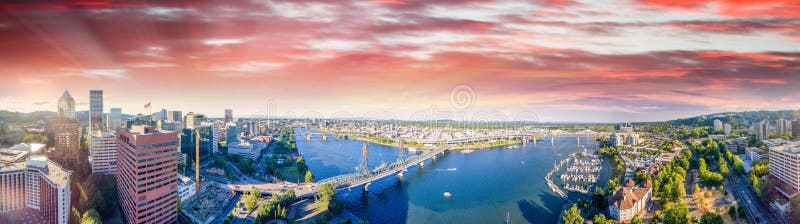 Panoramic aerial view of Portland skyline and Willamette river. Panoramic aerial view of Portland skyline and Willamette river.