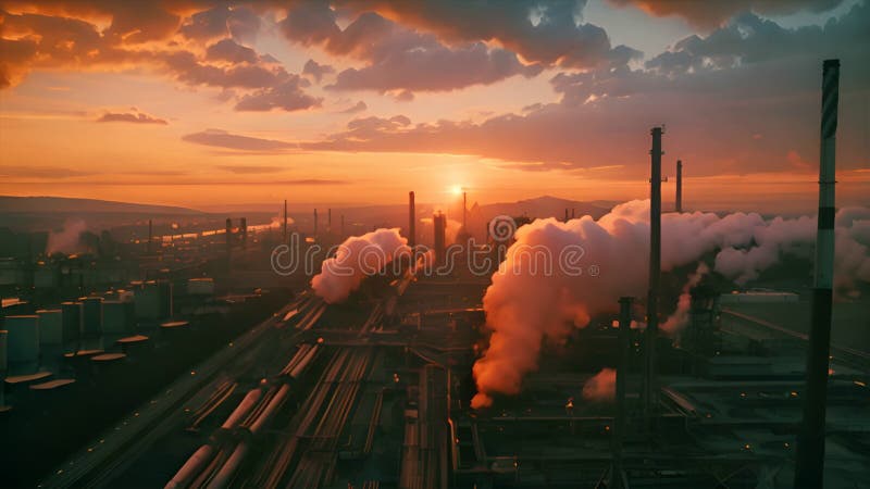 Vista aérea por drones de la zona industrial de la gasolina o del petróleo durante la puesta del sol