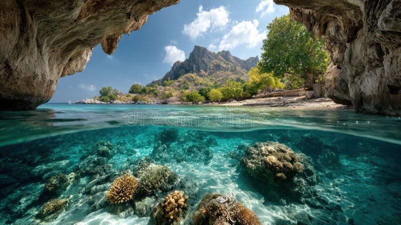 Vista clara e deslumbrante das cavernas costeiras com corais vibrantes e montanha rochosa ilustração stock