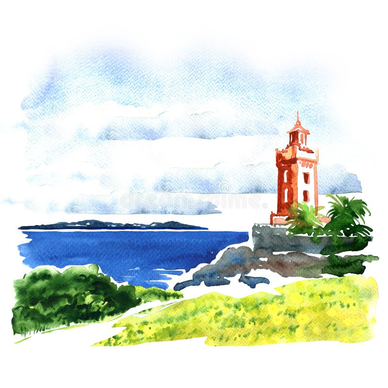 Vista da construção velha sobre o mar, seascape bonito, ilustração da aquarela ilustração do vetor Vista da construção velha sobre o mar, seascape bonito, ilustração da aquarela ilustração do vetor