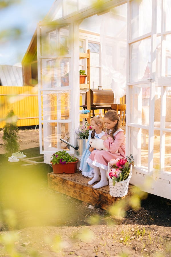 Remote view of two adorable little sisters in beautiful dress hugging white rabbit while sitting in doorstep of summer zoo house on sunny day. Concept of excursion to eco-farm, life in village. Remote view of two adorable little sisters in beautiful dress hugging white rabbit while sitting in doorstep of summer zoo house on sunny day. Concept of excursion to eco-farm, life in village