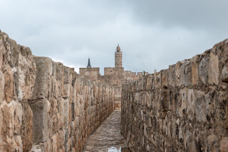 View from the protected passage on the city wall at the Tower of David near the Jaffa Gate in old city of Jerusalem, Israel. View from the protected passage on the city wall at the Tower of David near the Jaffa Gate in old city of Jerusalem, Israel