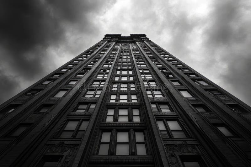 Vista dall'angolo basso di un imponente edificio scuro che si avvicina a un cielo nuvoloso creando un paesaggio urbano drammatico fotografia stock libera da diritti