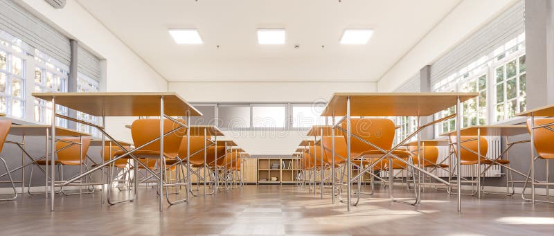 Vista dall'interno di una scuola elementare dal basso. Vista di un interno di una scuola elementare da sotto 3d rendering