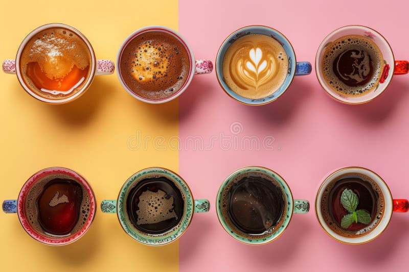 Vista dall'occhio umano di diverse tazze da caffè con una varietà di sapori e design artistico illustrazione vettoriale