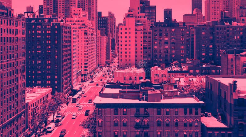 Vista de arriba de Midtown Manhattan en New York City en rosa y azul panorámicos imagen de archivo Vista de arriba de Midtown Manhattan en New York City en rosa y azul panorámicos imagen de archivo